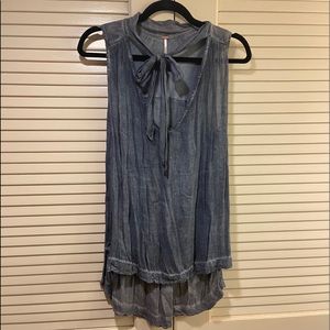 Free People Blue High Low Tie Neck Tunic